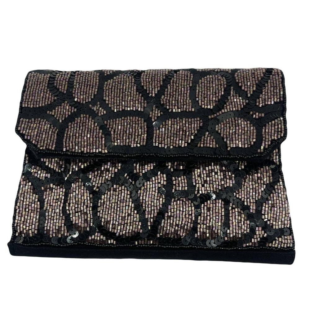 Black Silver Animal Print Beaded Clutch Handcrafted Artisan Evening Bag